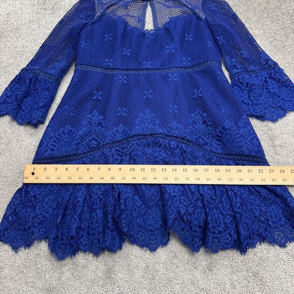 Ever New Melbourne Lace Mesh Mini Dress Womens 12 Blue Bell Sleeve Backless - Picture 10 of 14
